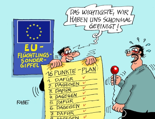 Cartoon: Sondergipfel (medium) by RABE tagged eu,brüssel,sondergipfel,flüchtlingsgipfel,flüchtlingskrise,balkanroute,transitzonen,grenzkontrollen,rabe,ralf,böhme,cartoon,karikatur,pressezeichnung,farbcartoon,tagescartoon,sechzehn,punkte,plan,abstimmung,europa,union,abschiebung,flüchtlingszahlen,eu,brüssel,sondergipfel,flüchtlingsgipfel,flüchtlingskrise,balkanroute,transitzonen,grenzkontrollen,rabe,ralf,böhme,cartoon,karikatur,pressezeichnung,farbcartoon,tagescartoon,sechzehn,punkte,plan,abstimmung,europa,union,abschiebung,flüchtlingszahlen