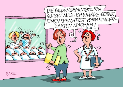 Cartoon: Sprachtest (medium) by RABE tagged merz,kanzler,koalition,union,spd,klingbeil,cartoon,karikatur,pressezeichnung,farbcartoon,tagescartoon,db,bahn,frühling,frühjahr,frühjahrsputz,ice,zug,blumenkasten,blumenkästen,esc,songcontest,bildung,bildungsministerin,prien,kita,startchancen,grundschulstart,schüler,kinder,sprache,merz,kanzler,koalition,union,spd,klingbeil,cartoon,karikatur,pressezeichnung,farbcartoon,tagescartoon,db,bahn,frühling,frühjahr,frühjahrsputz,ice,zug,blumenkasten,blumenkästen,esc,songcontest,bildung,bildungsministerin,prien,kita,startchancen,grundschulstart,schüler,kinder,sprache