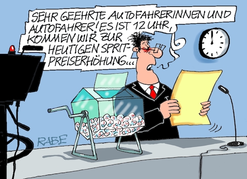 Cartoon: Spritpreiserhöhung (medium) by RABE tagged merz,kanzler,koalition,union,spd,klingbeil,cartoon,karikatur,pressezeichnung,farbcartoon,tagescartoon,bürokratie,verwaltung,beamte,modernisierung,monster,drachen,schwert,holzschwert,nägel,säge,reiche,spritpreis,lockerung,tv,ziehung,lostrommel,bekanntgabe,benzinpreis,ölkonzerne,tankstelle,autofahrer,merz,kanzler,koalition,union,spd,klingbeil,cartoon,karikatur,pressezeichnung,farbcartoon,tagescartoon,bürokratie,verwaltung,beamte,modernisierung,monster,drachen,schwert,holzschwert,nägel,säge,reiche,spritpreis,lockerung,tv,ziehung,lostrommel,bekanntgabe,benzinpreis,ölkonzerne,tankstelle,autofahrer