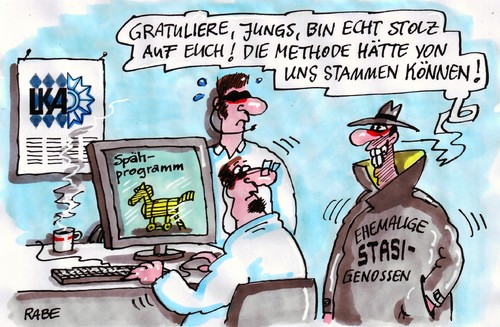 Cartoon: Stasimethoden (medium) by RABE tagged bundesregierung,innenminister,friedrich,cdu,bka,bundeskriminalamt,landeskriminalamt,bayern,münchen,kripo,daten,datenschutz,spähprogramm,staatstrojaner,rechner,festplatte,ausspähprogramm,trojaner,beamte,polizei,kriminalamt,stasi,stasigenossen,sed,ddr,überwachungsstaat,methode,spionage,spionagesoftware,programme,telefonate,ccc,webcam,bundessicherheitsdienst,software,sicherheitslücken,computer,online,internet,bundesregierung,innenminister,bka,bundeskriminalamt,landeskriminalamt,datenschutz,spähprogramm,staatstrojaner