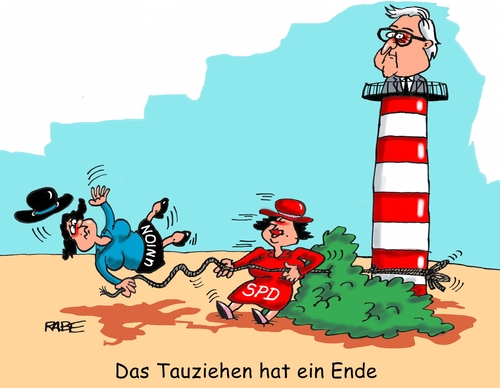 Cartoon: Steinmeier Eins (medium) by RABE tagged steinmeier,spd,aussenminister,bundespräsident,nachfolger,gauck,merkel,kanzlerin,union,cdu,dsu,seehofer,rabe,ralf,böhme,cartoon,karikatur,pressezeichnung,farbcartoon,tagescartoon,leuchttutm,tau,seil,tauziehen,steinmeier,spd,aussenminister,bundespräsident,nachfolger,gauck,merkel,kanzlerin,union,cdu,dsu,seehofer,rabe,ralf,böhme,cartoon,karikatur,pressezeichnung,farbcartoon,tagescartoon,leuchttutm,tau,seil,tauziehen