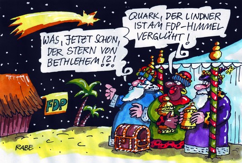 Cartoon: Sternschnuppe (medium) by RABE tagged generalsekretär,parteichef,parteispitze,liberale,fdp,rösler,lindner,westerwelle,rücktritt,umfragetief,wählerstimmen,schwarzgelb,koalition,brüderle,genscher,krise,landtag,umfrage,hürde,stern,sternschnuppe,bethlehem,bibel,jesuskind,krippe,geburt,himmel,stall,heilige,drei,könige,weihnacht,maria,josef,parteichef,liberale,fdp,rösler,lindner,westerwelle,rücktritt,umfragetief