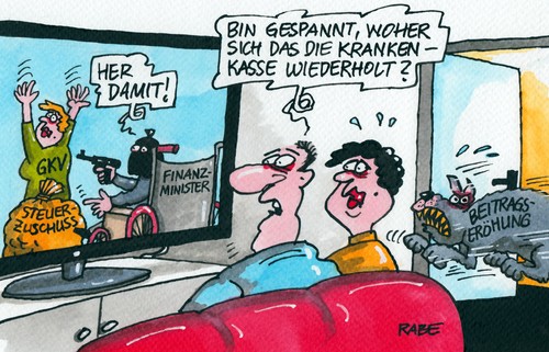 Cartoon: Steuerzuschuss (medium) by RABE tagged schäuble,finanzminister,cdu,krankenkassen,barmer,aok,dak,gesetzliche,patienten,beitrag,beitragserhöhung,rabe,ralf,böhme,cartoon,karikatur,pressezeichnung,farbcartoon,steuerzuschuss,gewinn,kürzung,streichung,einsparung,hund,ehepaar,couch,fernseher,überfall,bankräuber,rollstuhl,pistole,geldsack,schäuble,finanzminister,cdu,krankenkassen,barmer,aok,dak,gesetzliche,patienten,beitrag,beitragserhöhung,rabe,ralf,böhme,cartoon,karikatur,pressezeichnung,farbcartoon,steuerzuschuss,gewinn,kürzung,streichung,einsparung,hund,ehepaar,couch,fernseher,überfall,bankräuber,rollstuhl,pistole,geldsack