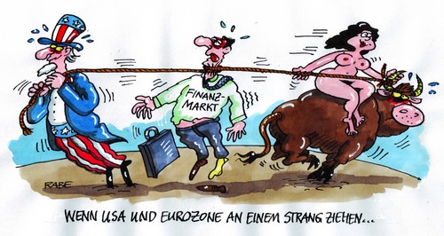 Cartoon: Stranguliertes (medium) by RABE tagged euro,eu,krise,schuldenkrise,griechenland,athen,usa,obama,merkel,cdu,kanzlerin,europa,eurozone,eurokrise,stier,finanzmarkte,banker,banken,finanzminister,finanzchef,staatschef,währungsunion,brüssel,onkel,sam,strang,zugzwang,wroclaw,stabilisierung,geithner,investmentbank,breslau,schäuble,finanzmärkte,börse,börsianer,anleger,ratingagentur,dollar,seil,strick,bulle,euro,eu,krise,schuldenkrise,griechenland,athen,usa,obama,merkel