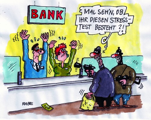 Cartoon: Stresstest (medium) by RABE tagged banken,krise,kreditinstitut,bankschalter,geld,euro,finanzen,banker,bankräuber,pistole,bedrohung,schalldämpfer,maskierung,angst,zittern,tresor,geldschrank,geldbündel,geldautomat,alarmanlage,banken,krise,kreditinstitut,bankschalter,euro,geld,finanzen,banker,bankräuber,pistole