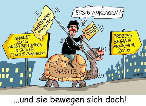 Cartoon: Suhler Flüchtlingsheim (medium) by RABE tagged suhl,thüringen,koran,flüchtlingsunterkunft,eskalation,übergriffe,august,abschiebung,prozess,strafprozess,prozessbeginn,polizei,rabe,ralf,böhme,cartoon,karikatur,pressezeichnung,farbcartoon,tagescartoon,lauinger,grüne,migrationsminister,justiz,schildkröte,suhl,thüringen,koran,flüchtlingsunterkunft,eskalation,übergriffe,august,abschiebung,prozess,strafprozess,prozessbeginn,polizei,rabe,ralf,böhme,cartoon,karikatur,pressezeichnung,farbcartoon,tagescartoon,lauinger,grüne,migrationsminister,justiz,schildkröte