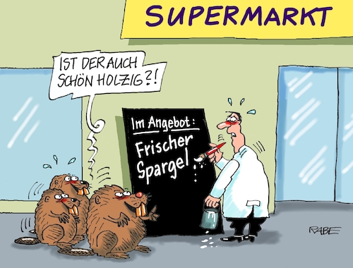 Cartoon: Supermarktspargel (medium) by RABE tagged spargel,spargelzeit,spargelesser,sparer,spargeld,rabe,ralf,böhme,cartoon,karikatur,pressezeichnung,farbcartoon,tagescartoon,saison,spargelsaison,ehepaar,mann,frau,supermarkt,marktleiter,angebot,angebotstafel,holz,holziges,biber,nutria,nagetiere,pelztiere,tiere,spargel,spargelzeit,spargelesser,sparer,spargeld,rabe,ralf,böhme,cartoon,karikatur,pressezeichnung,farbcartoon,tagescartoon,saison,spargelsaison,ehepaar,mann,frau,supermarkt,marktleiter,angebot,angebotstafel,holz,holziges,biber,nutria,nagetiere,pelztiere,tiere