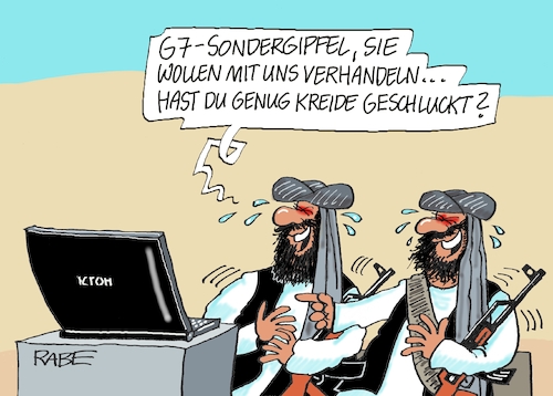 Cartoon: Talibaaan (medium) by RABE tagged kabul,afghanistan,islamisten,taliban,ortkräfte,botschaftsmitarbeiter,ausflüge,transall,rabe,ralf,böhme,cartoon,karikatur,pressezeichnung,farbcartoon,tagescartoon,kescher,netz,kalaschnikow,sieben,sondergipfel,aussenminister,verhandlung,kreide,wolf,kabul,afghanistan,islamisten,taliban,ortkräfte,botschaftsmitarbeiter,ausflüge,transall,rabe,ralf,böhme,cartoon,karikatur,pressezeichnung,farbcartoon,tagescartoon,kescher,netz,kalaschnikow,sieben,sondergipfel,aussenminister,verhandlung,kreide,wolf