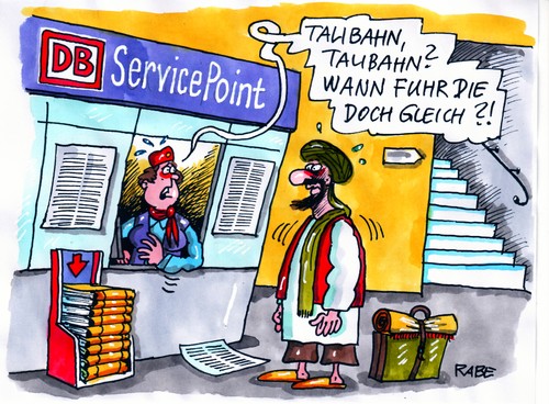 Cartoon: Taliban (medium) by RABE tagged service,point,service,deutsche bahn,db,transport,urlaub,ferien,verreisen,taliban,terror,terrorismus,terroristen,deutsche,bahn