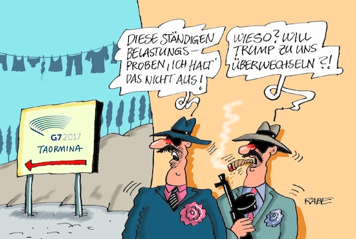 Cartoon: Taormina Gipfel (medium) by RABE tagged gipfel,italien,sizilien,taormina,handel,klima,flüchtlingskrise,staatschefs,industriestaaten,belastungsprobe,trump,merkel,tusk,eu,rabe,ralf,böhme,cartoon,karikatur,pressezeichnung,farbcartoon,tagescartoon,mafia,deutschland,handelsüberschuß,treffen,gipfel,italien,sizilien,taormina,handel,klima,flüchtlingskrise,staatschefs,industriestaaten,belastungsprobe,trump,merkel,tusk,eu,rabe,ralf,böhme,cartoon,karikatur,pressezeichnung,farbcartoon,tagescartoon,mafia,deutschland,handelsüberschuß,treffen