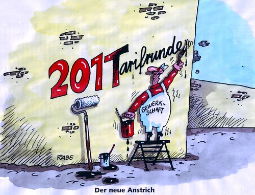 Cartoon: Tarifrunde 2011 (medium) by RABE tagged gewerkaschaft,neujahr,lohn,gehaltserhöhung,euro,streik,lohnforderungen,verhandlungen,verdi,maler,leiter,pinsel,farbe,malerwalze,gewerkaschaft,neujahr,lohn,gehaltserhöhung,euro,streik,lohnforderungen,verhandlungen,verdi,maler,farbe,malerwalze