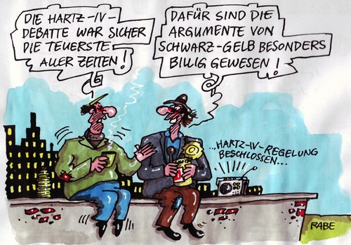 Cartoon: Teure Debatte (medium) by RABE tagged bundesregierung,bundestag,hartz,iv,regelung,debatte,empfänger,armut,armutsgrenze,sozialhilfe,euro,krise,unterstützung,merkel,kanzlerin,vin,der,leyen,arbeitsministerin,cdu,spd,csu,fdp,linke,grüne,opposition,koalition,schwarzgelb,regierungsviertel,reichstag,reichstagskuppel,bildungschip,not,job,jobcenter,arbeitsamt,arbeitsagentur,arbeitslosigkeit,mann,männer,radio,skyline,gesetz,argumente,argumentation,billig,teuer,zeit,bundesregierung,bundestag,hartz,empfänger,armut,armutsgrenze,sozialhilfe,leyen,arbeitsministerin,arbeitslosigkeit,arbeit