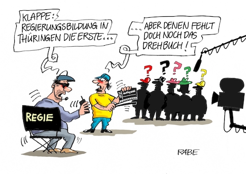 Cartoon: Thüringenwahl (medium) by RABE tagged landtagswahlen,wahlergebnisse,sachsen,brandenburg,groko,spd,cdu,rabe,ralf,böhme,cartoon,karikatur,pressezeichnung,farbcartoon,tagescartoon,arzt,doktor,csu,afd,verluste,rechte,populismus,thüringen,bodo,ramelow,linke,mike,mohring,regie,drehbuch,kamera,landtagswahlen,wahlergebnisse,sachsen,brandenburg,groko,spd,cdu,rabe,ralf,böhme,cartoon,karikatur,pressezeichnung,farbcartoon,tagescartoon,arzt,doktor,csu,afd,verluste,rechte,populismus,thüringen,bodo,ramelow,linke,mike,mohring,regie,drehbuch,kamera