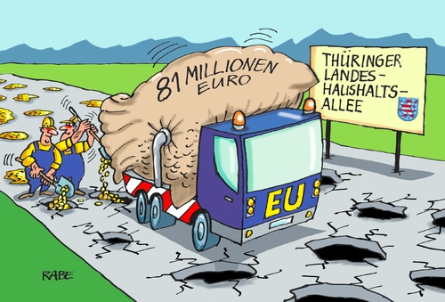 Cartoon: Thüringer Straßen (medium) by RABE tagged thüringen,eu,brüssel,millionen,euro,straße,allee,straßenbau,schlaglöcher,fördermittel,rückzahlung,wirtschaftsministerium,tiefensee,rabe,ralf,böhme,cartoon,karikatur,pressezeichnung,farbcartoon,tagescartoon,landesregierunghaushalt,landeshaushalt,straßenausbau,thüringen,eu,brüssel,millionen,euro,straße,allee,straßenbau,schlaglöcher,fördermittel,rückzahlung,wirtschaftsministerium,tiefensee,rabe,ralf,böhme,cartoon,karikatur,pressezeichnung,farbcartoon,tagescartoon,landesregierunghaushalt,landeshaushalt,straßenausbau