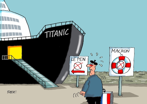 Cartoon: Titanicwahlen (medium) by RABE tagged frankreich,paris,präsident,präsidentschaftswahlen,le,pen,macron,hollande,recht,populisten,eu,austritt,neonazis,rabe,ralf,böhme,cartoon,karikatur,pressezeichnung,farbcartoon,tagescartoon,schiff,hafen,see,meer,titanic,untergang,frankreich,paris,präsident,präsidentschaftswahlen,le,pen,macron,hollande,recht,populisten,eu,austritt,neonazis,rabe,ralf,böhme,cartoon,karikatur,pressezeichnung,farbcartoon,tagescartoon,schiff,hafen,see,meer,titanic,untergang