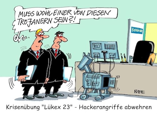 Cartoon: Trojanerangriff (medium) by RABE tagged cyberkriminalität,hacker,krisenübung,computer,bund,länder,behörden,lükex,it,ki,rabe,ralf,böhme,cartoon,karikatur,pressezeichnung,farbcartoon,tagescartoon,trojaner,pferd,büro,rechner,sicherheit,cyberkriminalität,hacker,krisenübung,computer,bund,länder,behörden,lükex,it,ki,rabe,ralf,böhme,cartoon,karikatur,pressezeichnung,farbcartoon,tagescartoon,trojaner,pferd,büro,rechner,sicherheit