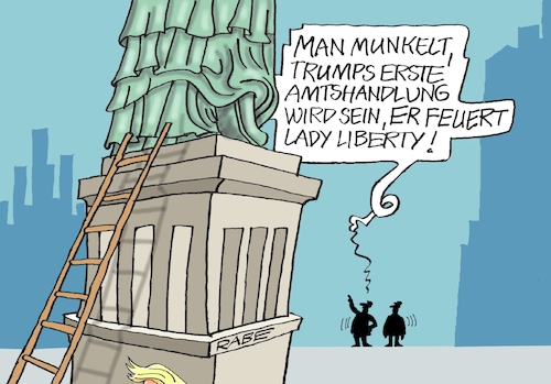 Cartoon: Trumpleiter (medium) by RABE tagged donald,trump,kamala,harris,präsidentschaftswahl,usa,wahlkampf,joe,biden,rabe,ralf,böhme,cartoon,karikatur,pressezeichnung,farbcartoon,tagescartoon,mc,donalds,burger,amtübergabe,amtseid,white,house,miss,lady,liberty,entlassung,kapitol,donald,trump,kamala,harris,präsidentschaftswahl,usa,wahlkampf,joe,biden,rabe,ralf,böhme,cartoon,karikatur,pressezeichnung,farbcartoon,tagescartoon,mc,donalds,burger,amtübergabe,amtseid,white,house,miss,lady,liberty,entlassung,kapitol