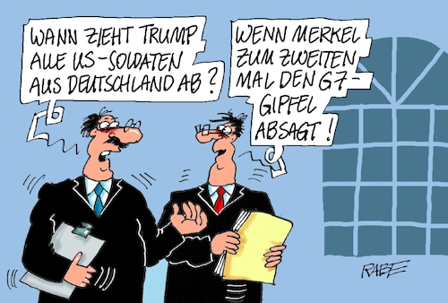 Cartoon: Truppenrückzug (medium) by RABE tagged virus,corona,pandemie,coronakrise,rabe,ralf,böhme,cartoon,karikatur,pressezeichnung,farbcartoon,tagescartoon,viren,virenschutz,mundschutz,desinfektion,föderal,föderalismus,ländersache,sieben,gipfel,camp,david,usa,präsident,einladung,merkel,kanzlerin,absage,armee,truppen,truppenabzug,deutschland,kaserne,stationierung,us,soldaten,virus,corona,pandemie,coronakrise,rabe,ralf,böhme,cartoon,karikatur,pressezeichnung,farbcartoon,tagescartoon,viren,virenschutz,mundschutz,desinfektion,föderal,föderalismus,ländersache,sieben,gipfel,camp,david,usa,präsident,einladung,merkel,kanzlerin,absage,armee,truppen,truppenabzug,deutschland,kaserne,stationierung,us,soldaten