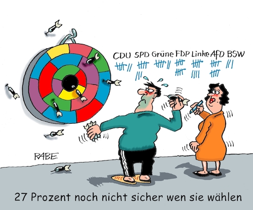 Cartoon: Unentschieden (medium) by RABE tagged ampel,ampelregierung,rot,grün,gelb,fdp,spd,grüne,rabe,ralf,böhme,cartoon,karikatur,pressezeichnung,farbcartoon,tagescartoon,inflation,einkommen,rente,rentenpaket,bruch,streit,neuwahlen,wahl,kanzlerkandidaten,wahlkampf,wähler,unentschlossenheit,dart,darts,pfeil,ziel,zielscheibe,strichliste,dartscheibe,ampel,ampelregierung,rot,grün,gelb,fdp,spd,grüne,rabe,ralf,böhme,cartoon,karikatur,pressezeichnung,farbcartoon,tagescartoon,inflation,einkommen,rente,rentenpaket,bruch,streit,neuwahlen,wahl,kanzlerkandidaten,wahlkampf,wähler,unentschlossenheit,dart,darts,pfeil,ziel,zielscheibe,strichliste,dartscheibe