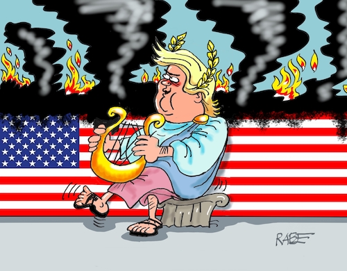 Cartoon: Verbrenner (medium) by RABE tagged donald,trump,kamala,harris,präsidentschaftswahl,usa,wahlkampf,joe,biden,rabe,ralf,böhme,cartoon,karikatur,pressezeichnung,farbcartoon,tagescartoon,mc,donalds,burger,nero,rom,lyra,brand,flammen,feuer,flage,union,jack,wahsiegr,demokraten,republikaner,kapitol