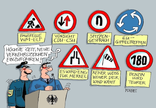 Cartoon: Verkehrserziehung (medium) by RABE tagged markus,söder,csu,bayern,münchen,landesvorsitzender,horst,seehofer,merkel,cdu,union,streit,unionstreit,asylstreit,ultimatum,grenze,zurückweisung,kanzlerin,groka,scheitern,asylgipfel,eu,brüssel,grenzen,benzinpreise,fußball,wm,moskau,nationalelf,löw,bundestrainer,gespräche,spitzentreffen,verkehrszeichen,baustelle,kreisverkehr,polizei,markus,söder,csu,bayern,münchen,landesvorsitzender,horst,seehofer,merkel,cdu,union,streit,unionstreit,asylstreit,ultimatum,grenze,zurückweisung,kanzlerin,groka,scheitern,asylgipfel,eu,brüssel,grenzen,benzinpreise,fußball,wm,moskau,nationalelf,löw,bundestrainer,gespräche,spitzentreffen,verkehrszeichen,baustelle,kreisverkehr,polizei