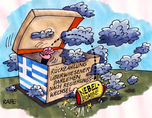 Cartoon: Verschleiertes (medium) by RABE tagged griechenland,griechelandrettung,athen,hellas,rettungspaket,rettungsschirm,schulden,schuldenerlass,schuldenschnitt,staatschefs,finanzchefs,schäuble,cdu,kanzlerin,merkel,euro,eu,brüssel,eurokrise,parlament,wahlen,parlamentswahlen,april,sozialisten,linke,regierungswechsel,machtwechsel,kredit,krediterlass,rückzahlung,darlehen,überweisung,nebel,bombe,nebelbombe,nebelschwaden,nebelschweif,griechenland,griechelandrettung,athen,rettungspaket,rettungsschirm,schulden,schuldenerlass