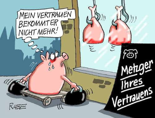 Cartoon: VERTRAUENSBEWEISS (medium) by RABE tagged ampel,ampelregierung,rot,grün,gelb,fdp,spd,grüne,rabe,ralf,böhme,cartoon,karikatur,pressezeichnung,farbcartoon,tagescartoon,inflation,einkommen,rente,rentenpaket,bruch,streit,neuwahlen,vertrauensfrage,vertrauensbeweiß,scholz,merz,wahltermin,metzger,metzgerei,fleischer,fleischerei,schwein,amputation,rollator,schlachter,schinken,eisbein,ampel,ampelregierung,rot,grün,gelb,fdp,spd,grüne,rabe,ralf,böhme,cartoon,karikatur,pressezeichnung,farbcartoon,tagescartoon,inflation,einkommen,rente,rentenpaket,bruch,streit,neuwahlen,vertrauensfrage,vertrauensbeweiß,scholz,merz,wahltermin,metzger,metzgerei,fleischer,fleischerei,schwein,amputation,rollator,schlachter,schinken,eisbein