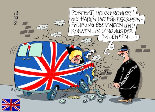 Cartoon: Vor die Wand (medium) by RABE tagged brexit,no,deal,johnson,boris,downing,street,austritt,eu,brüssel,london,rabe,ralf,böhme,cartoon,karikatur,pressezeichnung,farbcartoon,tagescartoon,may,juncker,luxemburg,wand,premier,labour,parlamentswahl,wahlsieger,konservative,pkw,unfall,fahrerlaubnis,fahrprüfung,führerschein,brexit,no,deal,johnson,boris,downing,street,austritt,eu,brüssel,london,rabe,ralf,böhme,cartoon,karikatur,pressezeichnung,farbcartoon,tagescartoon,may,juncker,luxemburg,wand,premier,labour,parlamentswahl,wahlsieger,konservative,pkw,unfall,fahrerlaubnis,fahrprüfung,führerschein