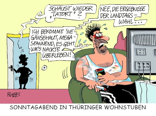 Cartoon: Wahlkrimi (medium) by RABE tagged landtagswahlen,wahlergebnisse,sachsen,brandenburg,groko,spd,cdu,rabe,ralf,böhme,cartoon,karikatur,pressezeichnung,farbcartoon,tagescartoon,arzt,doktor,csu,afd,verluste,rechte,populismus,thüringen,erfurt,bodo,ramelow,linke,mike,mohring,wahlstudio,wahlabend,landeshauptstadtstudio,krimi,gänsehaut,überlebenskampf,tatort,ard,landtagswahlen,wahlergebnisse,sachsen,brandenburg,groko,spd,cdu,rabe,ralf,böhme,cartoon,karikatur,pressezeichnung,farbcartoon,tagescartoon,arzt,doktor,csu,afd,verluste,rechte,populismus,thüringen,erfurt,bodo,ramelow,linke,mike,mohring,wahlstudio,wahlabend,landeshauptstadtstudio,krimi,gänsehaut,überlebenskampf,tatort,ard