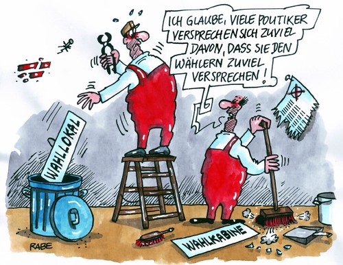 Cartoon: Wahlversprecher (medium) by RABE tagged landtagswahl,landtag,landesregeirung,bundesregierung,kanzlerin,merkel,cdu,spd,fdp,grüne,linke,badenwürttemberg,kretzschmann,wahllokal,wahlkabine,wahlbüro,wählerumfrage,wahlprognose,tortendiagramm,sitze,sitzverteilung,mappus,beck,atompolizik,atomenergie,kernkraftwerk,retsrisiko,moratorium,abschalten,brennelemente,strahlung,japan,stimmenverluste,brüderle,westerwelle,wirtschaftsminister,männer,latzhose,mülleimer,mülltonne,entsorgung,leiter,besen,kehrschaufel,müll,unrat,dreck,staub,abfall,zange,nägel,kneifzange,euro,krise,landtagswahl,landtag,landesregeirung,bundesregierung,kanzlerin,merkel,cdu,spd,grüne,linke,wahlen