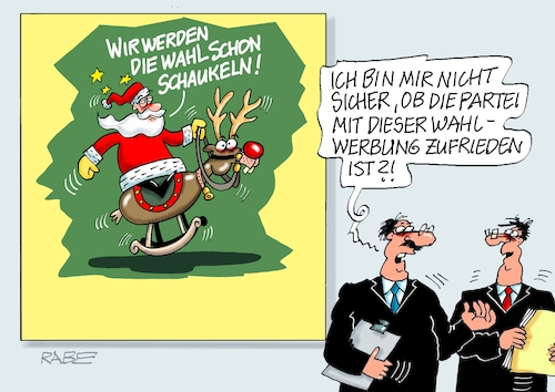 Cartoon: Wahlwerbung II (medium) by RABE tagged ampel,ampelregierung,rot,grün,gelb,fdp,spd,grüne,rabe,ralf,böhme,cartoon,karikatur,pressezeichnung,farbcartoon,tagescartoon,inflation,einkommen,rente,rentenpaket,bruch,streit,neuwahlen,wahlkampffahrplan,wahlkampf,wahlwerbung,werbekampagne,plakat,wahlplakat,weihnachten,weihnachtsmann,rentier,schaukelpferd,ampel,ampelregierung,rot,grün,gelb,fdp,spd,grüne,rabe,ralf,böhme,cartoon,karikatur,pressezeichnung,farbcartoon,tagescartoon,inflation,einkommen,rente,rentenpaket,bruch,streit,neuwahlen,wahlkampffahrplan,wahlkampf,wahlwerbung,werbekampagne,plakat,wahlplakat,weihnachten,weihnachtsmann,rentier,schaukelpferd