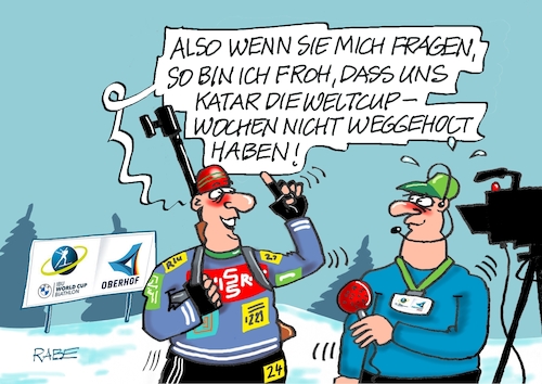 Cartoon: Weltcup katar (medium) by RABE tagged kälte,winter,frost,eis,schnee,wetter,wetterbericht,eisglätte,dauerfrost,cartoon,karikatur,rabe,ralf,böhme,tageszeichnung,farbcartoon,pressezeichnung,feuerwehr,kind,eisen,metall,zunge,klima,klimakleber,wintersport,oberhof,thüringen,katar,biathlon,weltcup,kälte,winter,frost,eis,schnee,wetter,wetterbericht,eisglätte,dauerfrost,cartoon,karikatur,rabe,ralf,böhme,tageszeichnung,farbcartoon,pressezeichnung,feuerwehr,kind,eisen,metall,zunge,klima,klimakleber,wintersport,oberhof,thüringen,katar,biathlon,weltcup
