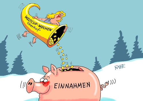 Cartoon: Weltcupwochen (medium) by RABE tagged kälte,winter,frost,eis,schnee,wetter,wetterbericht,eisglätte,dauerfrost,cartoon,karikatur,rabe,ralf,böhme,tageszeichnung,farbcartoon,pressezeichnung,feuerwehr,kind,eisen,metall,zunge,klima,klimakleber,wintersport,biathlon,weltcup,oberhof,thüringen,fortuna,füllhorn,glücksgöttin,einnahmen,haushalt,finanzen,sparschwein,sport,kälte,winter,frost,eis,schnee,wetter,wetterbericht,eisglätte,dauerfrost,cartoon,karikatur,rabe,ralf,böhme,tageszeichnung,farbcartoon,pressezeichnung,feuerwehr,kind,eisen,metall,zunge,klima,klimakleber,wintersport,biathlon,weltcup,oberhof,thüringen,fortuna,füllhorn,glücksgöttin,einnahmen,haushalt,finanzen,sparschwein,sport