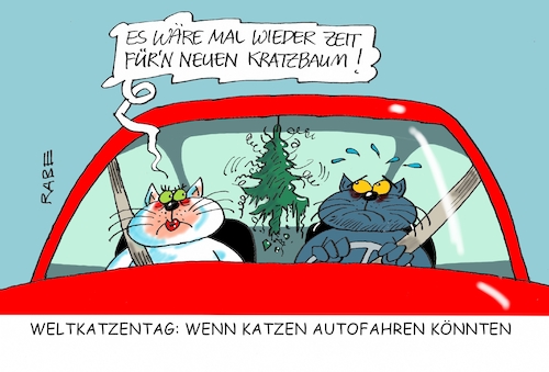 Cartoon: Weltkatzentag (medium) by RABE tagged katze,kater,kätzchen,weltkatzentag,muschi,katzenzubehör,kratzbaum,tierliebe,rabe,ralf,böhme,cartoon,karikatur,pressezeichnung,farbcartoon,tagescartoon,stubentiger,herrchen,frauchen,autofahrer,duftbaum,katze,kater,kätzchen,weltkatzentag,muschi,katzenzubehör,kratzbaum,tierliebe,rabe,ralf,böhme,cartoon,karikatur,pressezeichnung,farbcartoon,tagescartoon,stubentiger,herrchen,frauchen,autofahrer,duftbaum