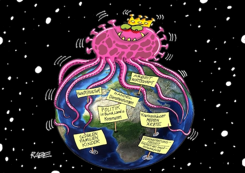 Cartoon: Weltumfassend (medium) by RABE tagged corona,bundländerkonferenz,merkel,kanzleramt,lockerungen,stufenplan,öffnungen,lockdown,shutdown,baumärkte,impfdosen,rki,fallzahlen,inzidenzwert,spahn,impfzentren,impfreihenfolge,notbremse,omikron,welt,erdball,globus,all,weltall,krake,tintenfisch,octupus,kopffüßer,fangarme,kalmar,boostern,corona,bundländerkonferenz,merkel,kanzleramt,lockerungen,stufenplan,öffnungen,lockdown,shutdown,baumärkte,impfdosen,rki,fallzahlen,inzidenzwert,spahn,impfzentren,impfreihenfolge,notbremse,omikron,welt,erdball,globus,all,weltall,krake,tintenfisch,octupus,kopffüßer,fangarme,kalmar,boostern