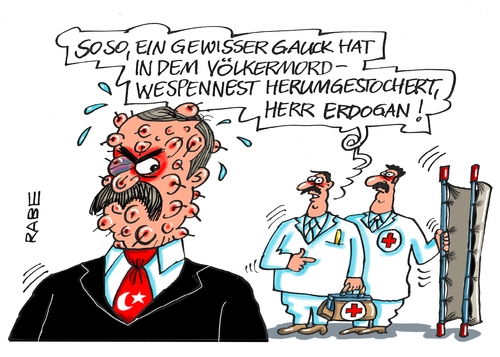 Cartoon: Wespennest (medium) by RABE tagged erdogan,türkei,ministerpräsident,gauck,rede,bundespräsident,deutschland,mord,völkermord,armenien,armenier,rabe,ralf,böhme,cartoon,karikatur,pressezeichnung,farbcartoon,tagescartoon,wespen,wespennest,stich,stachel,beulen,arzt,erste,hilfe,erdogan,türkei,ministerpräsident,gauck,rede,bundespräsident,deutschland,mord,völkermord,armenien,armenier,rabe,ralf,böhme,cartoon,karikatur,pressezeichnung,farbcartoon,tagescartoon,wespen,wespennest,stich,stachel,beulen,arzt,erste,hilfe