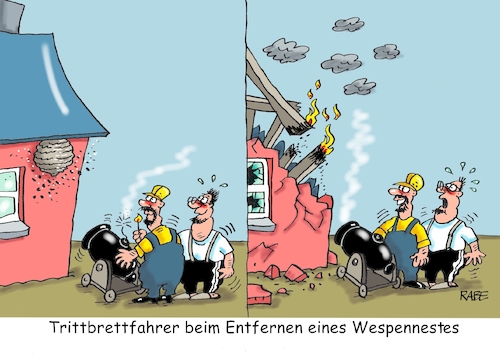 Cartoon: Wespennestentferner (medium) by RABE tagged natur,insekten,insektensterben,insektenzählung,hummeln,hintern,insektensommer,naturschützer,rabe,ralf,böhme,cartoon,karikatur,pressezeichnung,farbcartoon,tagescartoon,bank,rentner,else,insektenwelt,wespen,wespennest,entfernen,feuerwehr,schädlingsbekämpfer,trittbrettfahrer,kanone,ruine,natur,insekten,insektensterben,insektenzählung,hummeln,hintern,insektensommer,naturschützer,rabe,ralf,böhme,cartoon,karikatur,pressezeichnung,farbcartoon,tagescartoon,bank,rentner,else,insektenwelt,wespen,wespennest,entfernen,feuerwehr,schädlingsbekämpfer,trittbrettfahrer,kanone,ruine