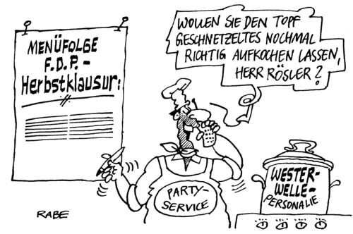 Cartoon: Westerwelliges (medium) by RABE tagged westerwelle,fdp,rösler,liberale,schwarzgelb,herbstklausur,personalien,aussenminister,parteivorsitz,personaldebatte,partyservice,geschnetzeltes,menü,menüfolge,speisekarte,kochstudio,koch,kochtopf,herd,krisenherd,westerwelle,fdp,liberale,rösler,herbstklausur,personalien,aussenminister