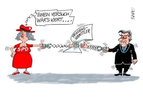Cartoon: Zangengeburt (medium) by RABE tagged merz,kanzler,koalition,union,spd,klingbeil,cartoon,karikatur,pressezeichnung,farbcartoon,tagescartoon,db,bahn,frühling,frühjahr,frühjahrsputz,ice,zug,blumenkasten,blumenkästen,gerhard,schröder,altkanzler,zangengeburt,vermittlung,frieden,friedensgespräch,zange,merz,kanzler,koalition,union,spd,klingbeil,cartoon,karikatur,pressezeichnung,farbcartoon,tagescartoon,db,bahn,frühling,frühjahr,frühjahrsputz,ice,zug,blumenkasten,blumenkästen,gerhard,schröder,altkanzler,zangengeburt,vermittlung,frieden,friedensgespräch,zange