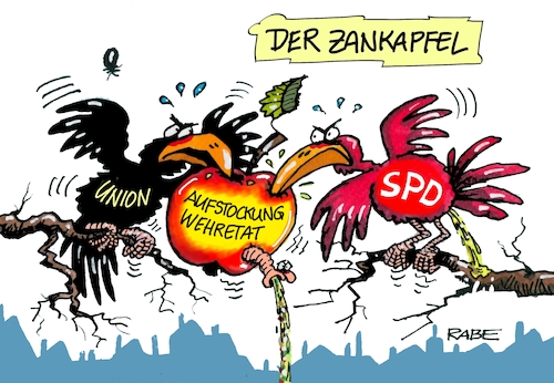 Cartoon: Zankapfel (medium) by RABE tagged olaf,scholz,finanzminister,bundeswehr,wehretat,hausalt,haushaltsüberschuß,rabe,ralf,böhme,cartoon,karikatur,pressezeichnung,farbcartoon,tagescartoon,verteidigungsministerin,von,der,leyen,aufrüstung,ausrüstung,nato,usa,trump,apfel,zank,zankapfel,spd,union,krähen,olaf,scholz,finanzminister,bundeswehr,wehretat,hausalt,haushaltsüberschuß,rabe,ralf,böhme,cartoon,karikatur,pressezeichnung,farbcartoon,tagescartoon,verteidigungsministerin,von,der,leyen,aufrüstung,ausrüstung,nato,usa,trump,apfel,zank,zankapfel,spd,union,krähen