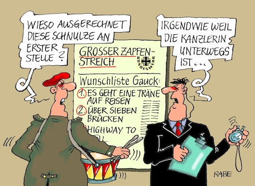 Cartoon: Zapfenstreich Gauck (medium) by RABE tagged bundespräsident,bundespräsidentenwahl,steinmeier,gauck,spd,rabe,ralf,böhme,cartoon,karikatur,pressezeichnung,farbcartoon,tagescartoon,bundesrat,zapfenstreich,verabschiedung,musikwunsch,über,sieben,brücken,träne,reisen,pfarrer,playlist,bundespräsident,bundespräsidentenwahl,steinmeier,gauck,spd,rabe,ralf,böhme,cartoon,karikatur,pressezeichnung,farbcartoon,tagescartoon,bundesrat,zapfenstreich,verabschiedung,musikwunsch,über,sieben,brücken,träne,reisen,pfarrer,playlist