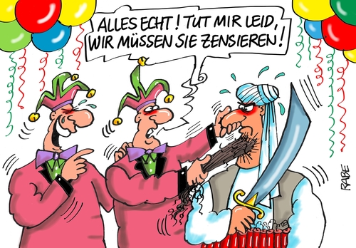 Cartoon: Zensiertes (medium) by RABE tagged fasching,karneval,rosenmontag,rosenmontagszug,zensur,absage,sturmtiefkostüm,faschingskostüm,islamist,islam,elferrat,pappnase,rabe,ralf,böhme,cartoon,karikatur,pressezeichnung,farbcartoon,tagescartoon,narrenkappe,flüchtlinge,terrorgefahr,sicherheit,fasching,karneval,rosenmontag,rosenmontagszug,zensur,absage,sturmtiefkostüm,faschingskostüm,islamist,islam,elferrat,pappnase,rabe,ralf,böhme,cartoon,karikatur,pressezeichnung,farbcartoon,tagescartoon,narrenkappe,flüchtlinge,terrorgefahr,sicherheit