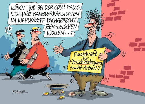 Cartoon: Zerlegtes (medium) by RABE tagged virus,corona,pandemie,coronakrise,rabe,ralf,böhme,cartoon,karikatur,pressezeichnung,farbcartoon,tagescartoon,viren,virenschutz,mundschutz,desinfektion,föderal,föderalismus,ländersache,tönnies,schlachthof,schlachtbetrieb,fleischbranche,fleischzerleger,cdu,union,laschet,merz,wahlkampf,kandidaten,bettler,fußgängerzone,bundestagswahl,kanzlerkandidaten,virus,corona,pandemie,coronakrise,rabe,ralf,böhme,cartoon,karikatur,pressezeichnung,farbcartoon,tagescartoon,viren,virenschutz,mundschutz,desinfektion,föderal,föderalismus,ländersache,tönnies,schlachthof,schlachtbetrieb,fleischbranche,fleischzerleger,cdu,union,laschet,merz,wahlkampf,kandidaten,bettler,fußgängerzone,bundestagswahl,kanzlerkandidaten