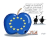 Cartoon: Europa Label (small) by RABE tagged merz,kanzler,koalition,union,spd,klingbeil,cartoon,karikatur,pressezeichnung,farbcartoon,tagescartoon,bürokratie,verwaltung,beamte,modernisierung,monster,drachen,schwert,holzschwert,nägel,säge,apfel,made,raupe,eu,europa,label,qualität