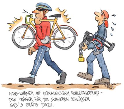 Cartoon: Hans-Werner (medium) by mele tagged fahrrad,radeln,fahrrad,radeln,kohlefaser,modern,wertvoll,sicherheitsschloss,kette,teuer,diebstahl,angst,panik,klauen