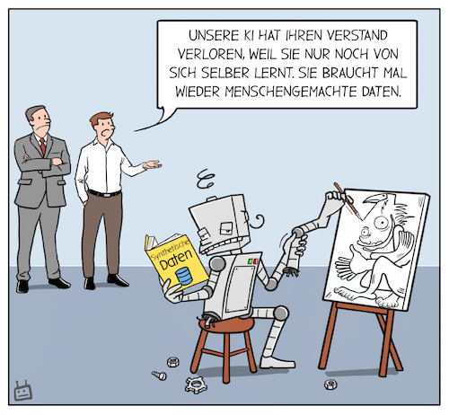 Cartoon: AI gets MAD (medium) by Cloud Science tagged ki,künstliche,intelligenz,mad,daten,synthetisch,model,autophagy,disorder,störung,generative,generativ,echo,schleife,bipolar,maschinelles,lernen,training,tech,technik,technologie,wissenschaft,inzucht,ki,künstliche,intelligenz,mad,daten,synthetisch,model,autophagy,disorder,störung,generative,generativ,echo,schleife,bipolar,maschinelles,lernen,training,tech,technik,technologie,wissenschaft