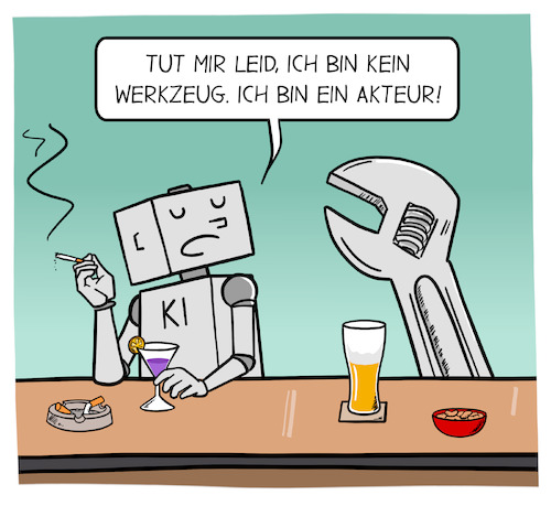 Cartoon: Von wegen Werkzeug (medium) by Cloud Science tagged ki,künstliche,intellligenz,roboter,werkzeug,akteur,zukunft,harari,zitat,cartoon,humor,technologie,intelligenz,philosophie,gesellschaftsmuster,moderne,technik,kritik,zukunftsdenken,digitalisierung,verantwortungsmangel,disruption,mensch,maschine,ethik,ki,künstliche,intellligenz,roboter,werkzeug,akteur,zukunft,harari,zitat,cartoon,humor,technologie,intelligenz,philosophie,gesellschaftsmuster,moderne,technik,kritik,zukunftsdenken,digitalisierung,verantwortungsmangel,disruption,mensch,maschine,ethik