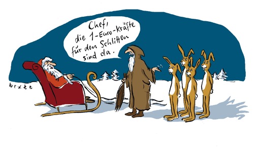 Cartoon: 1-Euro-Kraefte (medium) by Bettina Bexte tagged weihnachten,weihnachtsmann,rentiere,hasen,1eurojobs,schlitten,schnee,geschenke,heiligabend,weihnachten,weihnachtsmann,rentiere,hasen,schlitten,geschenke,heiligabend,job,arbeit,beruf