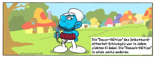 Cartoon: Schoolpeppers 298 (medium) by Schoolpeppers tagged schlümpfe,bombe,attentat