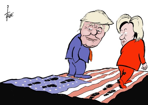 Cartoon: Clinton -  Trump (medium) by tiede tagged hillary,clinton,donald,trump,usa,tiede,tiedemann,cartoon,karikatur,hillary,clinton,donald,trump,usa,tiede,tiedemann,cartoon,karikatur